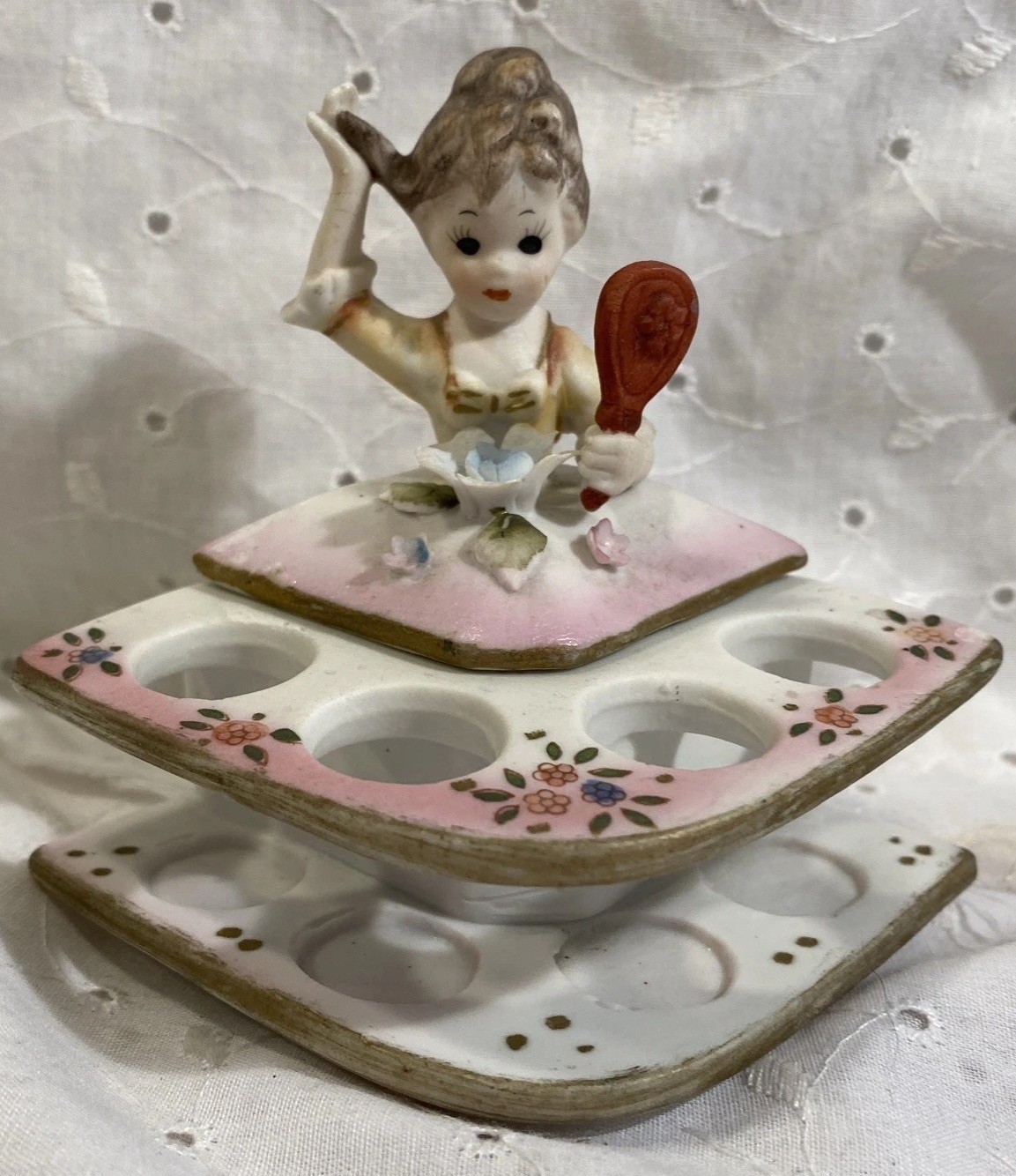 Vintage 60s Arnart Creations Bisque Girl Trinket Lipstick Holder Pink Japan EUC