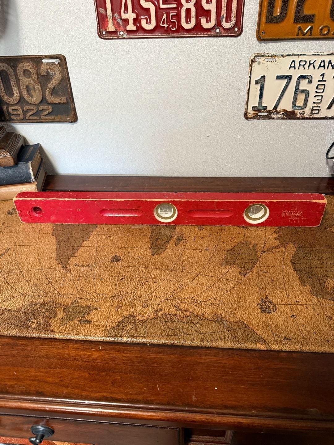 Vintage Mayes No. 68 Wood Carpenters Bubble Level Red Port Austin Mich USA