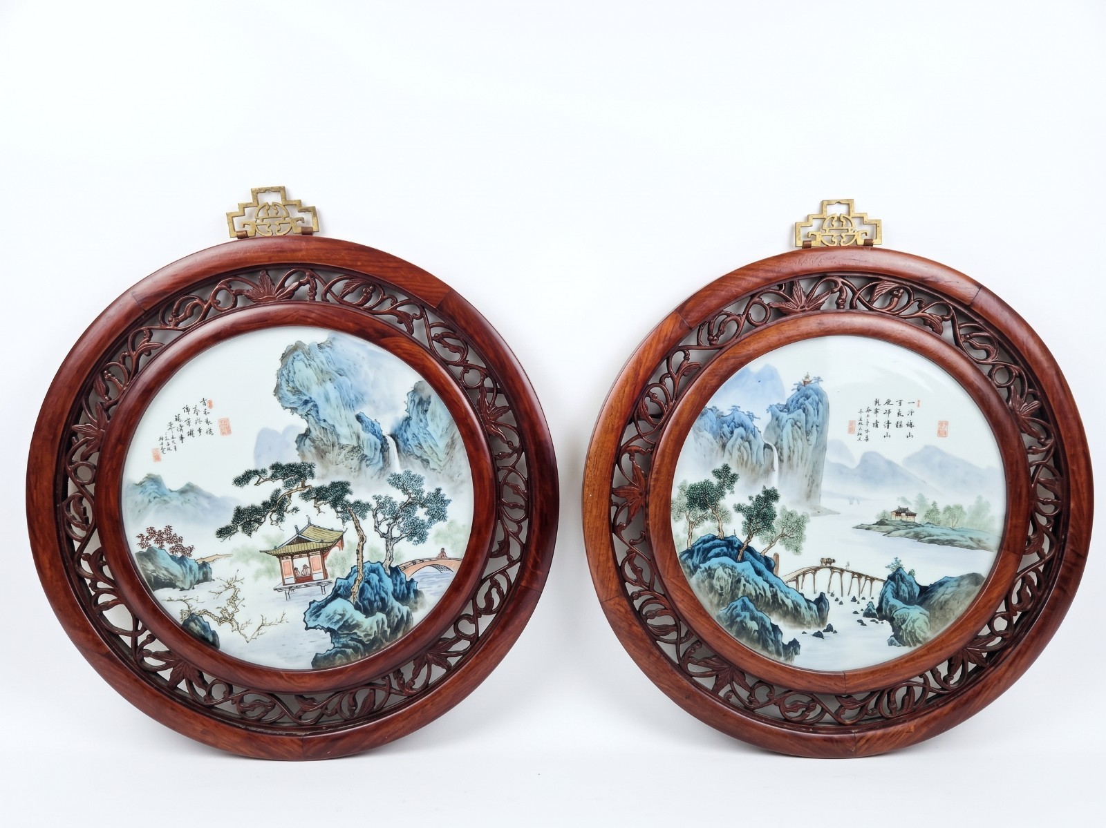 Pair of Vintage 23” Jingdezhen Hand-Painted Porcelain Landscape Plaques