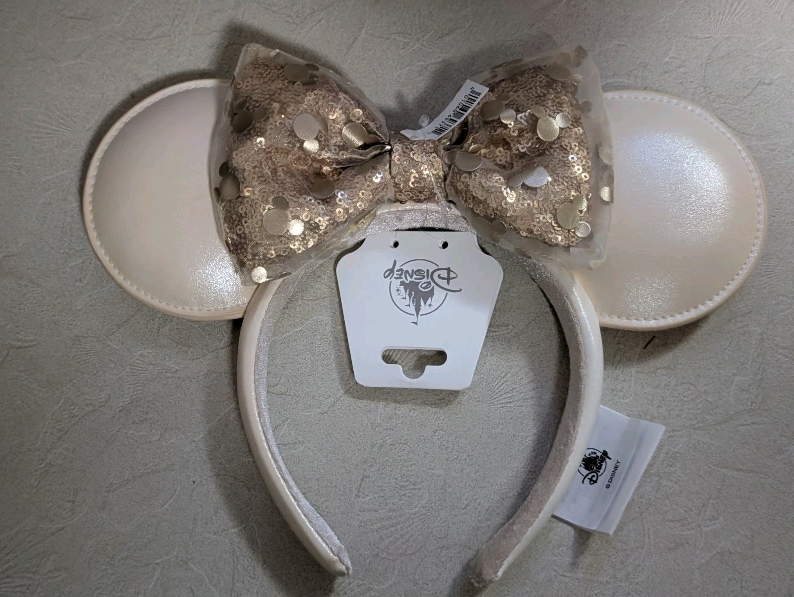 Disney Parks White and Gold Sequin Bow Minnie Ears Headband New 2026
