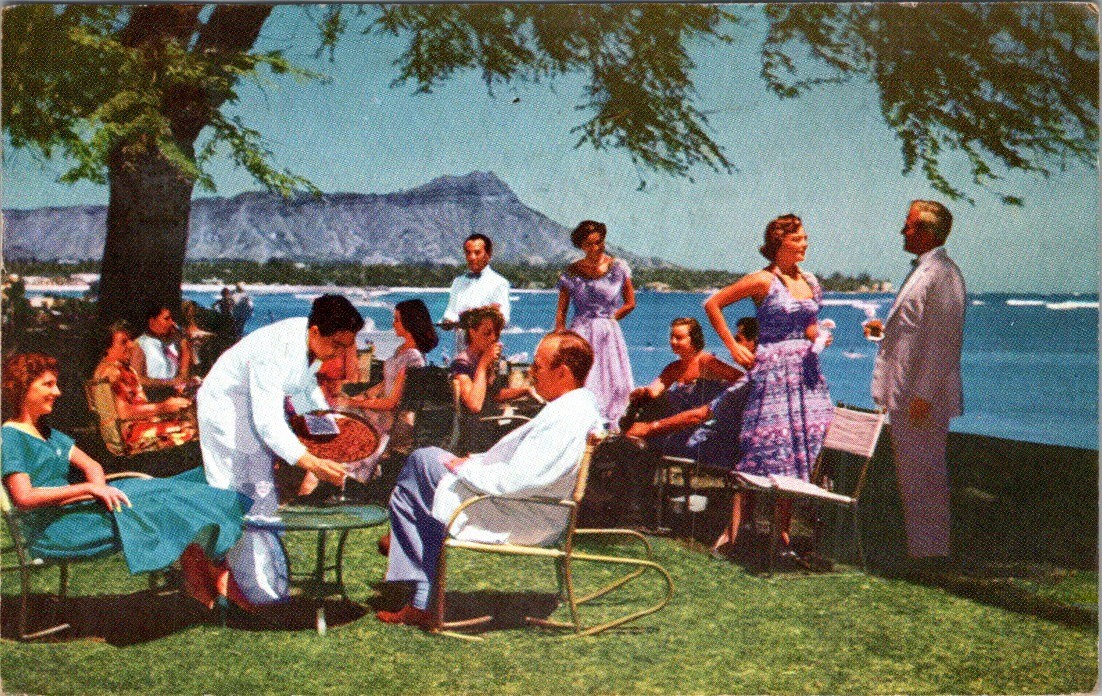 Halekulani Hotel Waikiki 1954 PC Diamond Head Terrace Cocktail Hour PM
