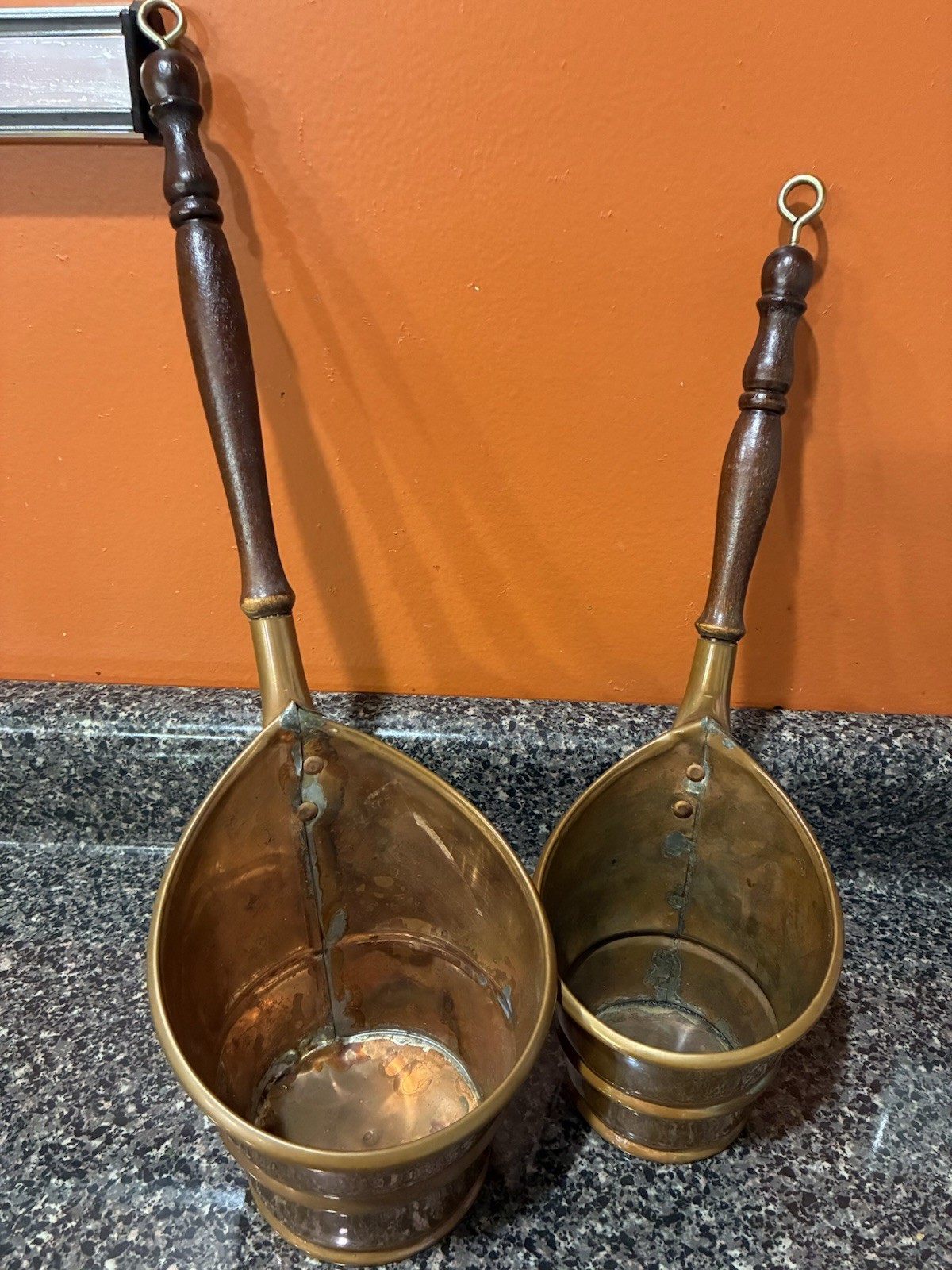 Vintage French Copper Set 2 Ladels Wood Handles