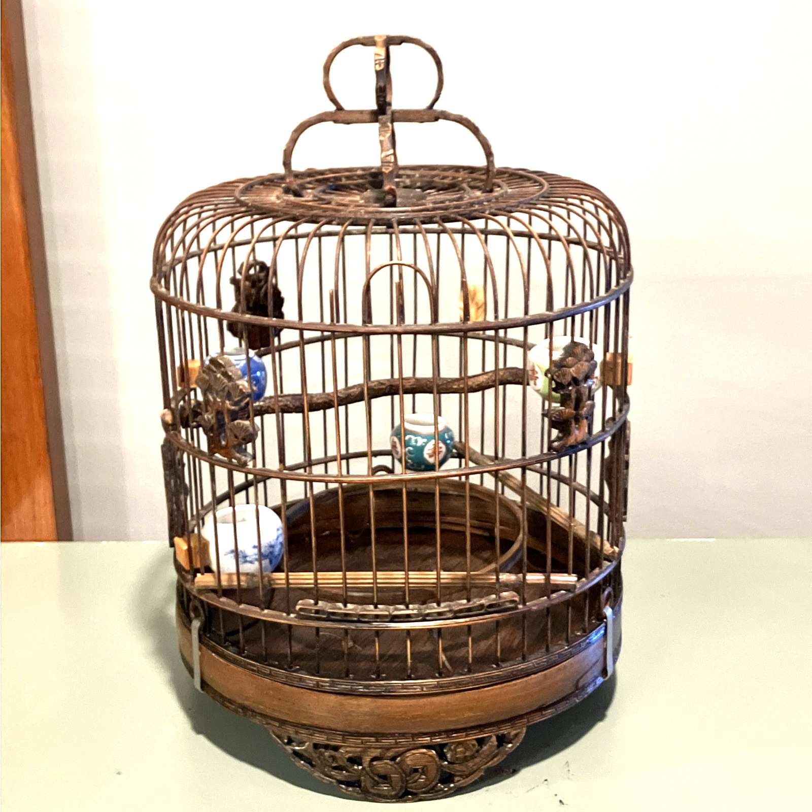 Antique Vintage Chinese Carved Bamboo Bird Cage- Porcelain Feeders NICE