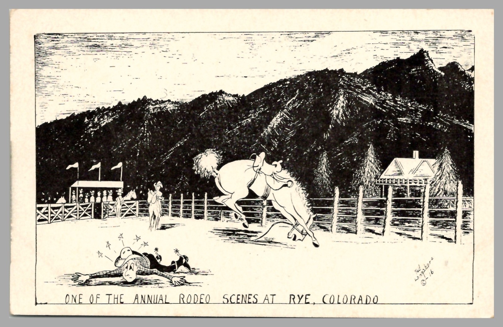 One of the Annual Rodeo Scenes at Rye Colorado Artist Signed Ted Longshore c1916