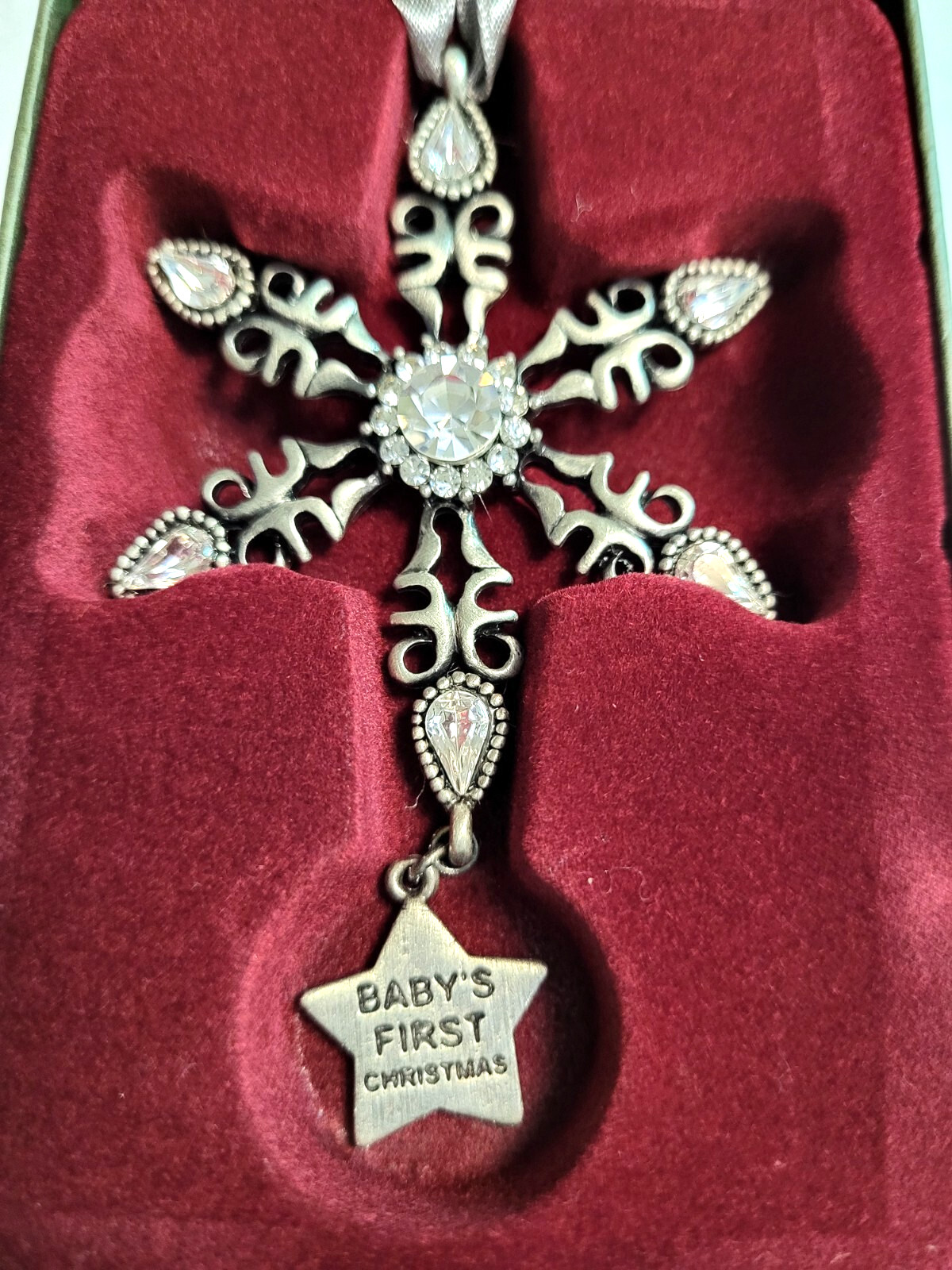 Baby's First Christmas Ornament Ornate Metal Crystal Snowflake Engraved Keepsake