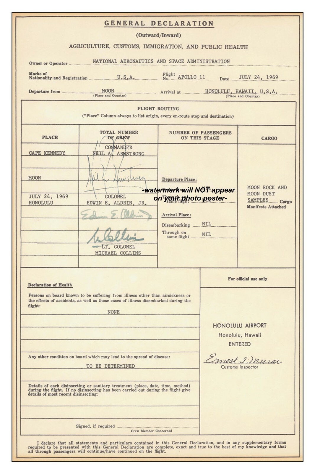 8x12 Apollo 11 Crew PHOTO POSTER Rare Customs Form, Shows Autograph Moon Landing