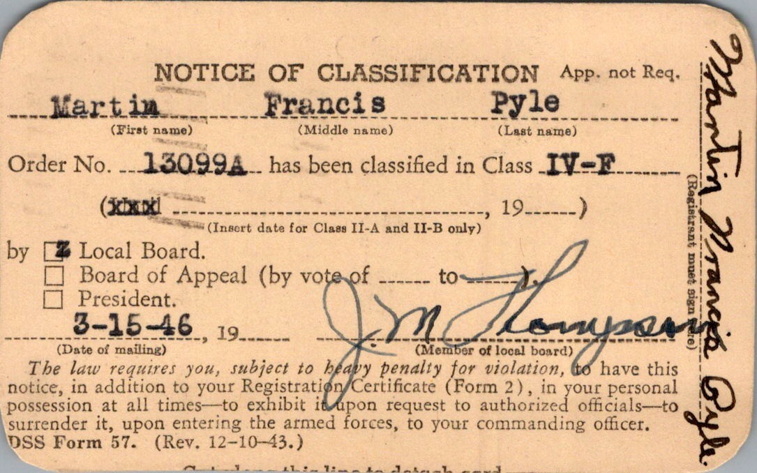 1946 Martin Pyle IV-F Draft Notice Coatesville PA DSS Form 57 + Envelope