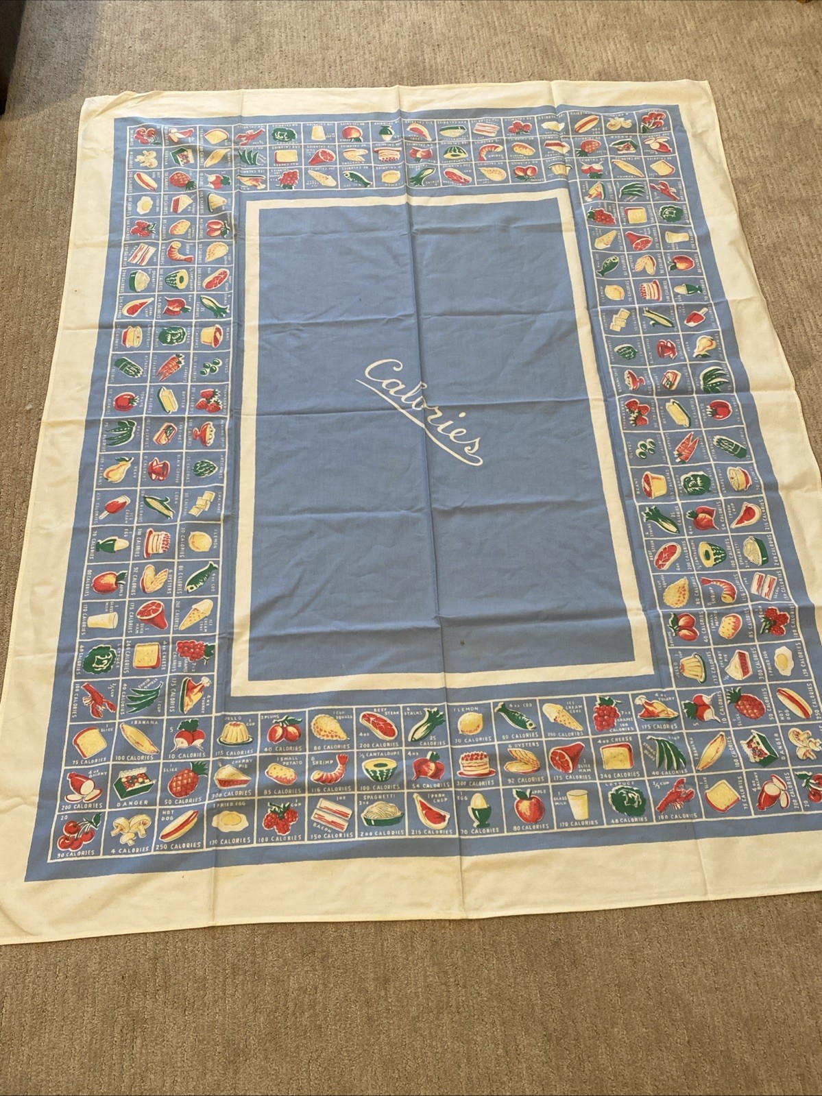 Rare Vintage 1950's/60's Blue Calories MCM Tablecloth 66”x50”