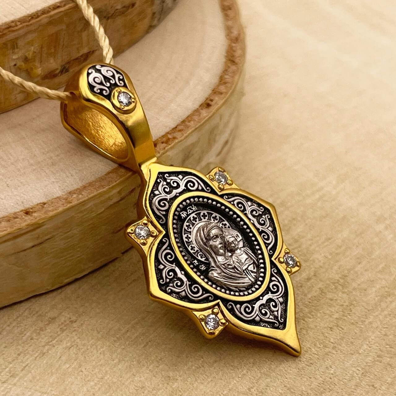 925 Silver, 999 Gold Plated Pendant Icon of Kazan Mother of God & Guardian Angel
