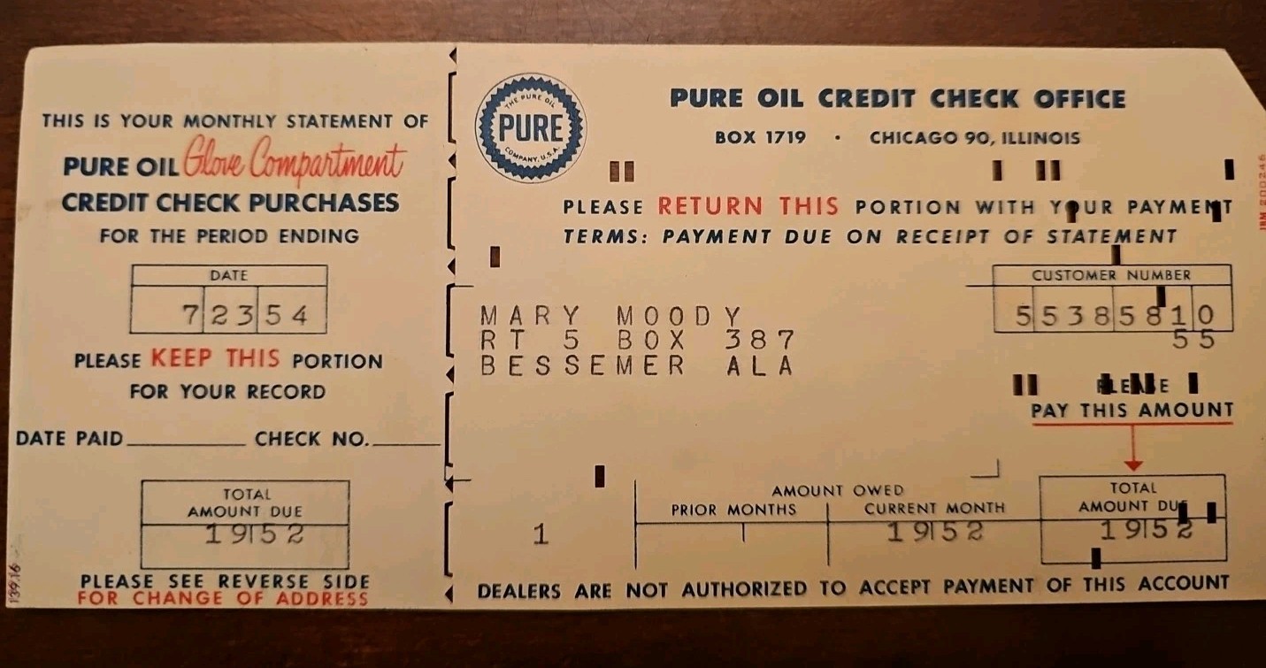 1954 PURE Oil  Credit Check Card Service Gas Station