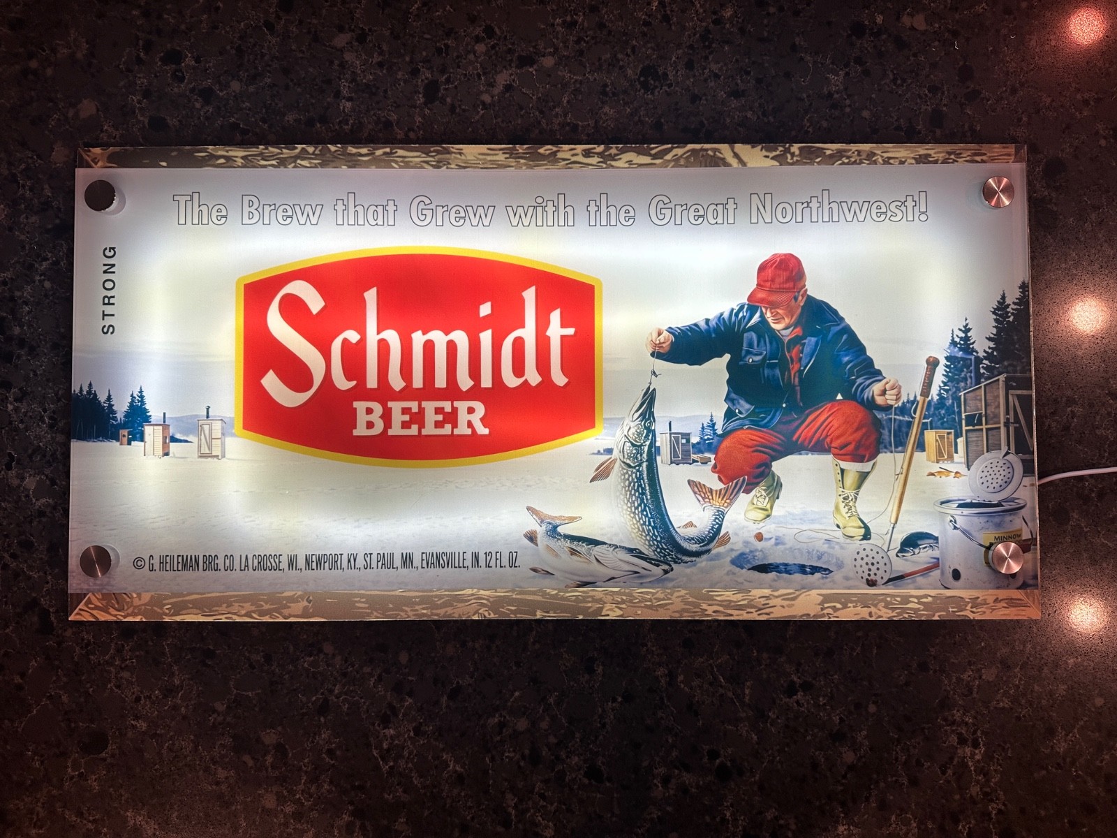 Schmidt Beer Vintage Style LED Backlit Sign Ice Fishing Pike 12x24 Bar Man Cave