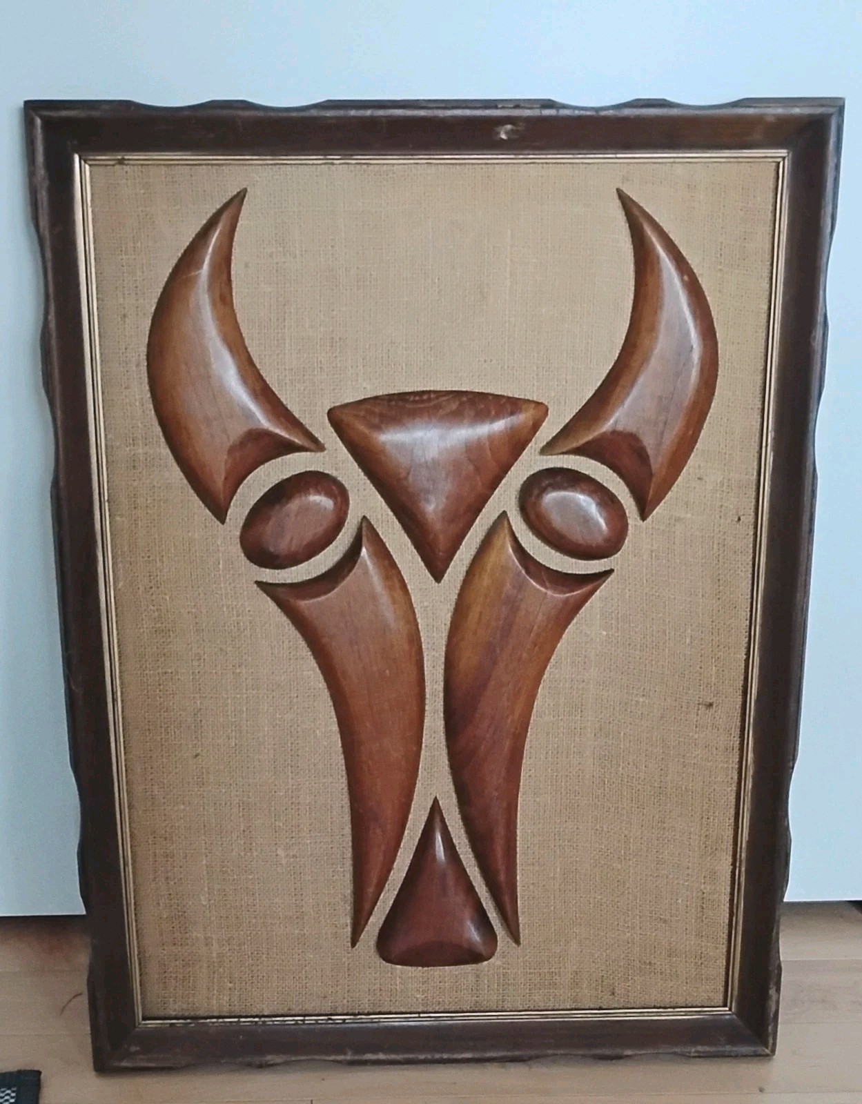 VINTAGE MID CENTURY  ART 1960\'S TEAK WOOD CARVING BULL WALL HANGING
