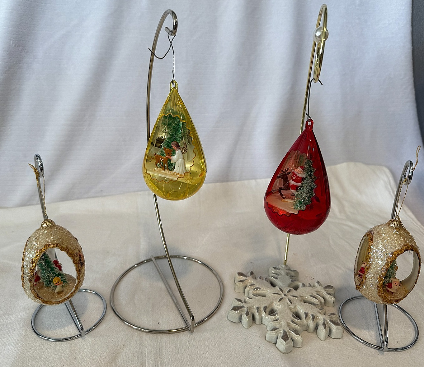 4 VTG 1960's Jewel Brite Sugared Teardrop Diorama Angel Christmas Ornaments