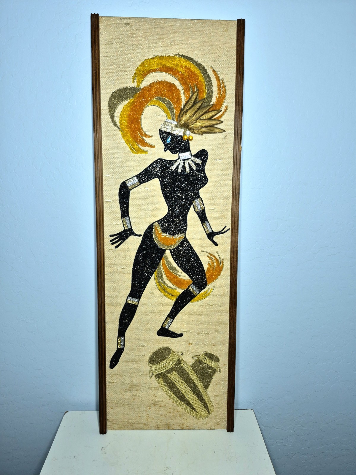 Vintage 1960s MCM Gravel Art Panel Calypso Dancer Wall Decor 12\