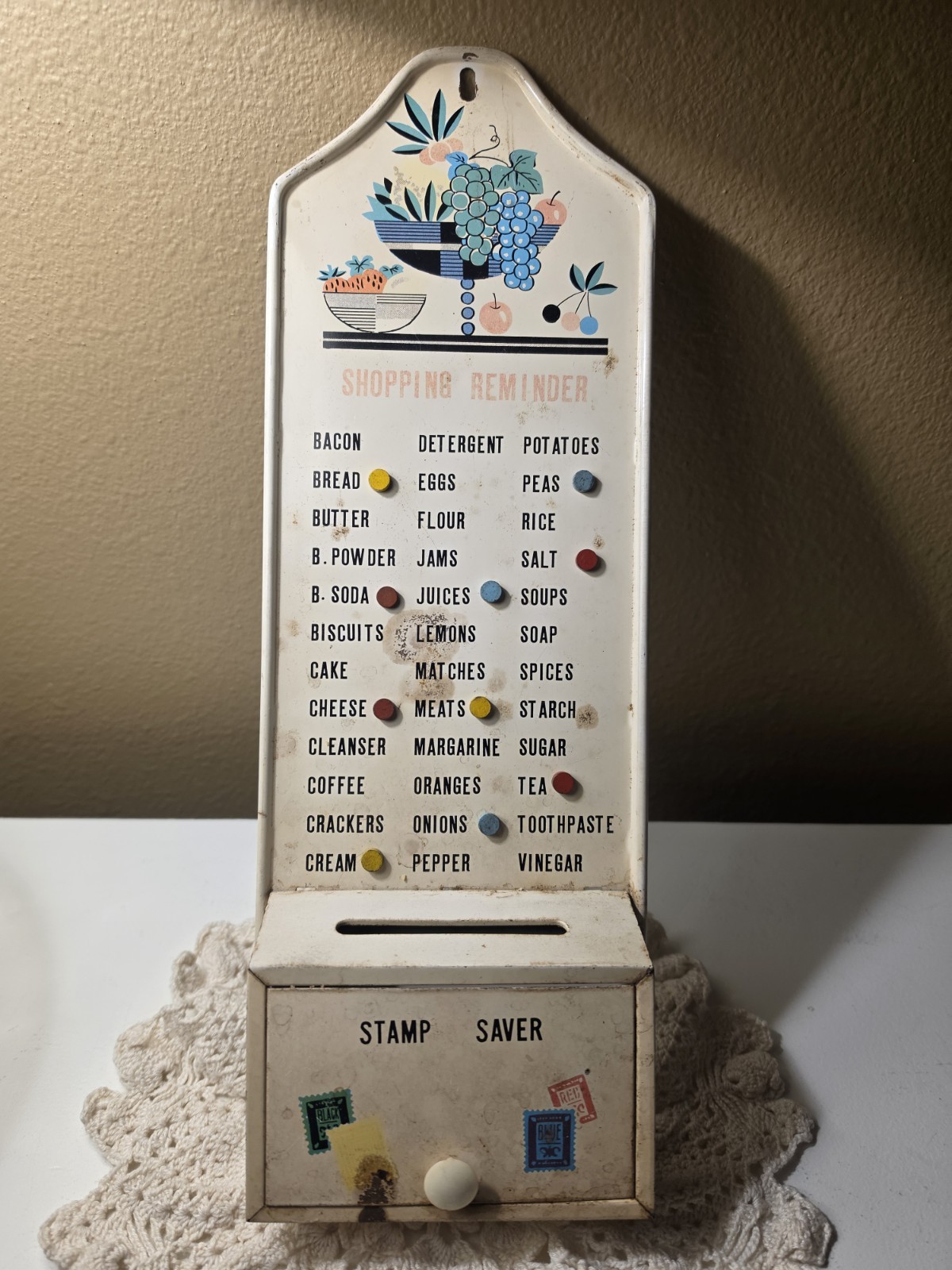 Vintage 1950s Shopping Reminder Stamp Saver w/ Original Magnetic Markers