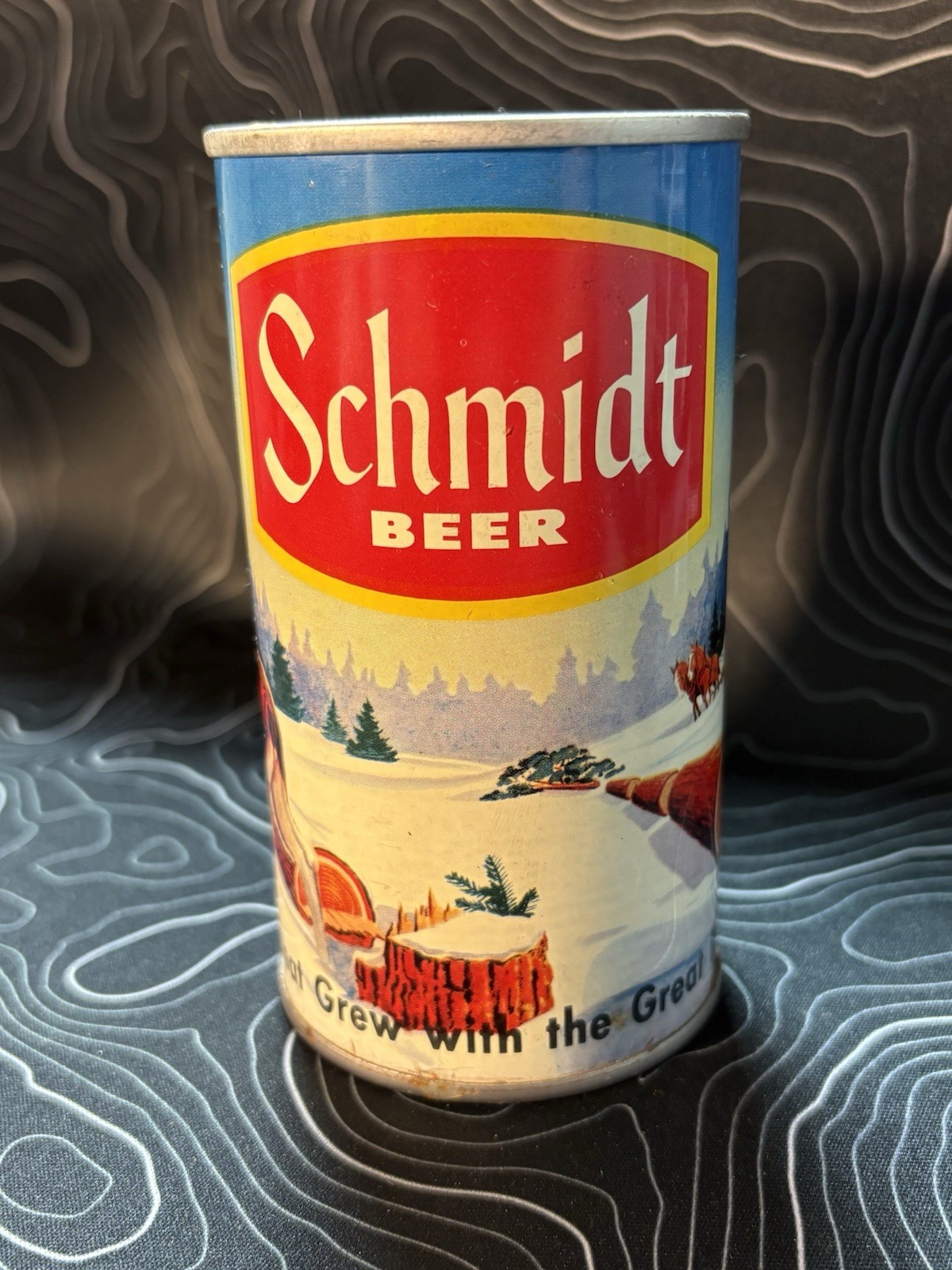 Vintage Schmidt,Moose,Logging,Winter Scene,Pull Tab Beer Can ( BOTTOM OPENED )