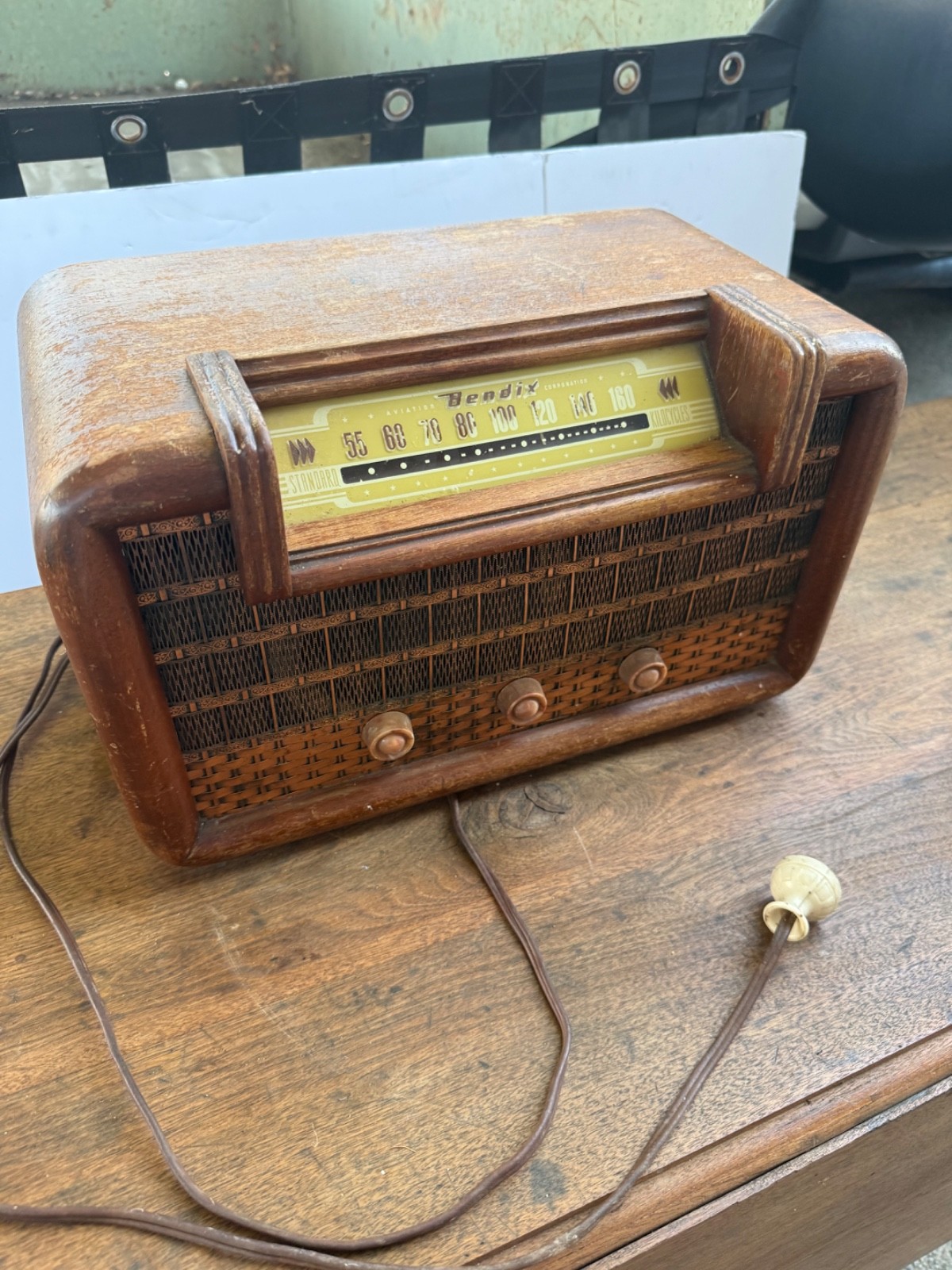 Vintage Bendix Aviation Tube Radio Wood Cabinet Working MCM Art Deco AM