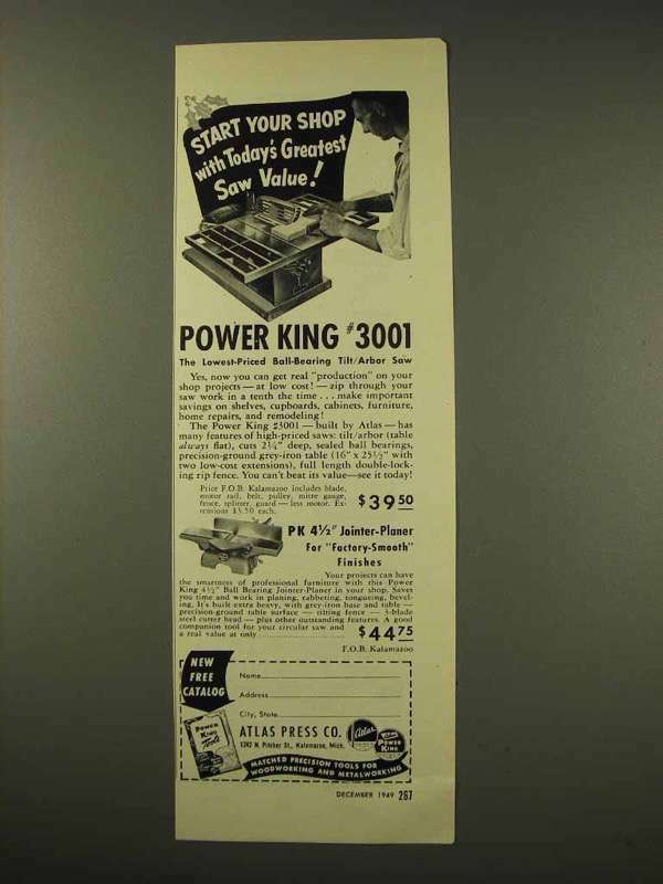 1949 Atlas Press Power King #3001 Tilt/Arbor Saw Ad