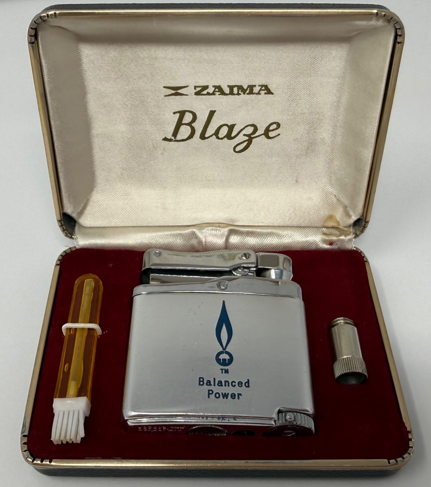Vintage ZAIMA Blaze Butane Gas Lighter Balanced Power Chrome w/ Case & Manual