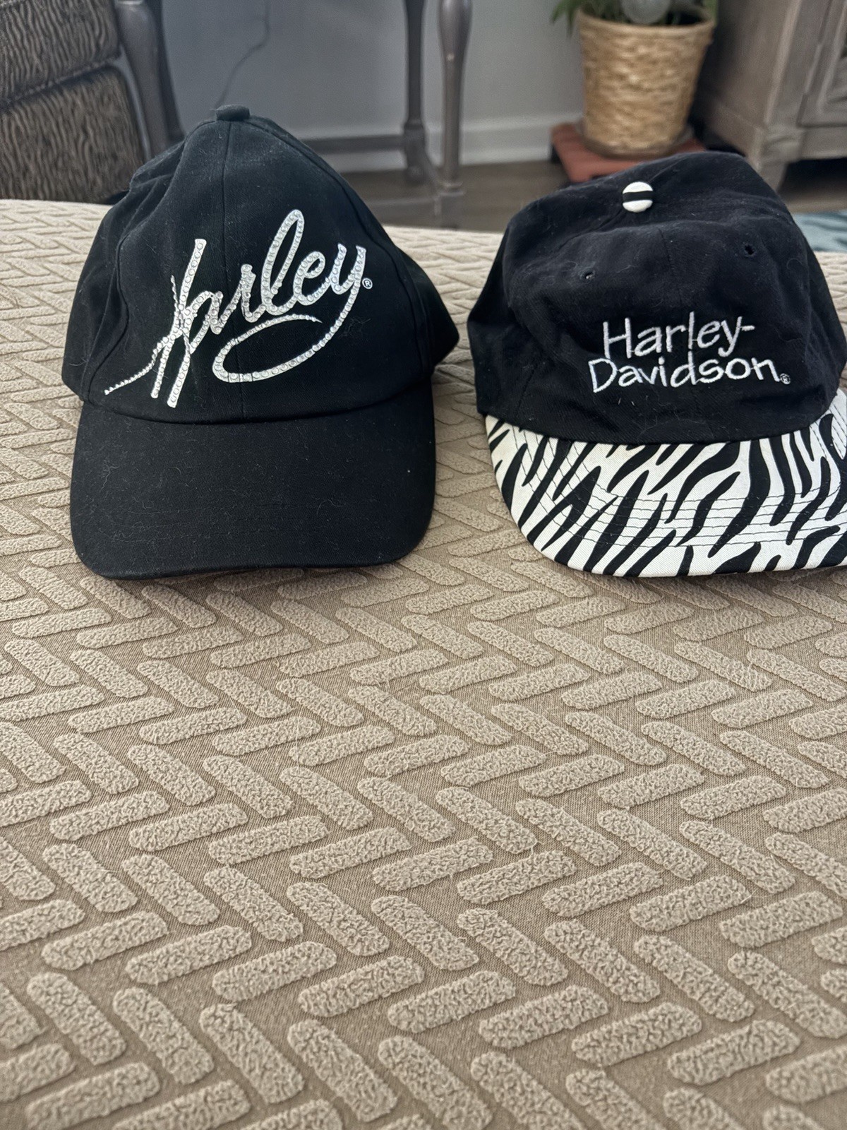 Vtg Pair90s Harley Davidson Zebra Print Brim Strapback Hat Black Spell Out Cap