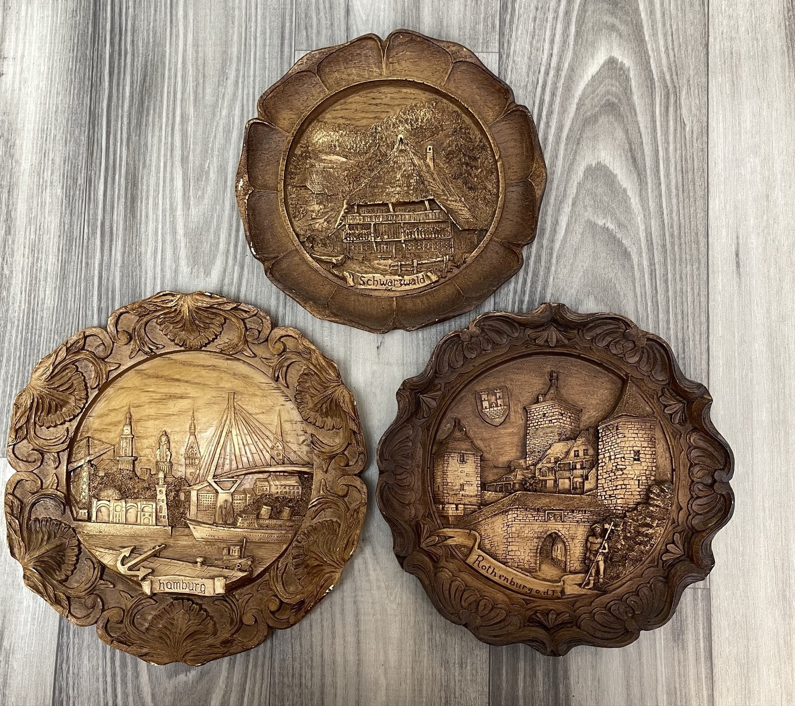 Vintage German Wall Plaques Set Of 3 Hamburg Rothenburg Schwarzwald Resin