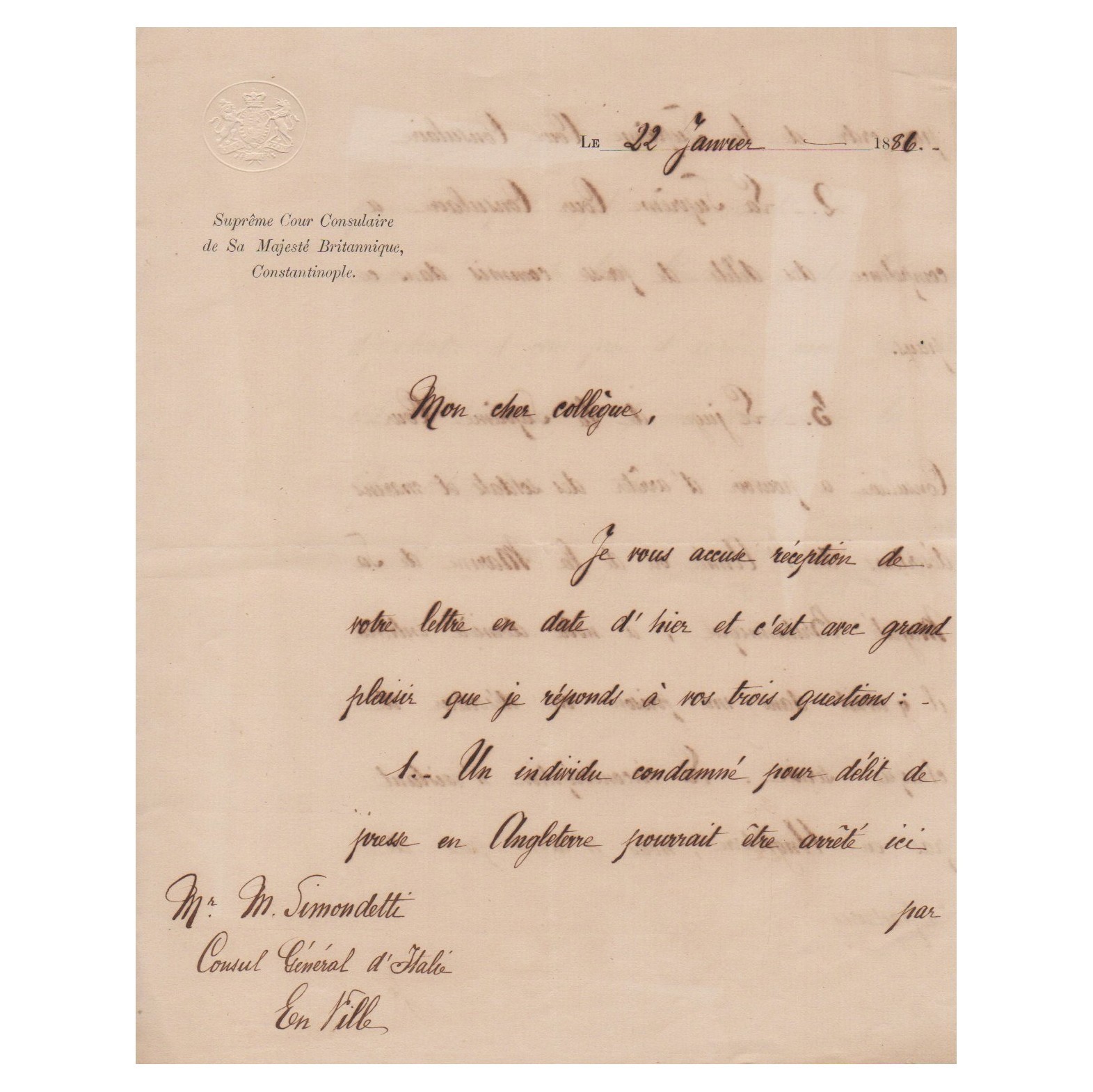 1886 British Court Constantinople Letter to Italy Consulate - UK Navy Army Judge