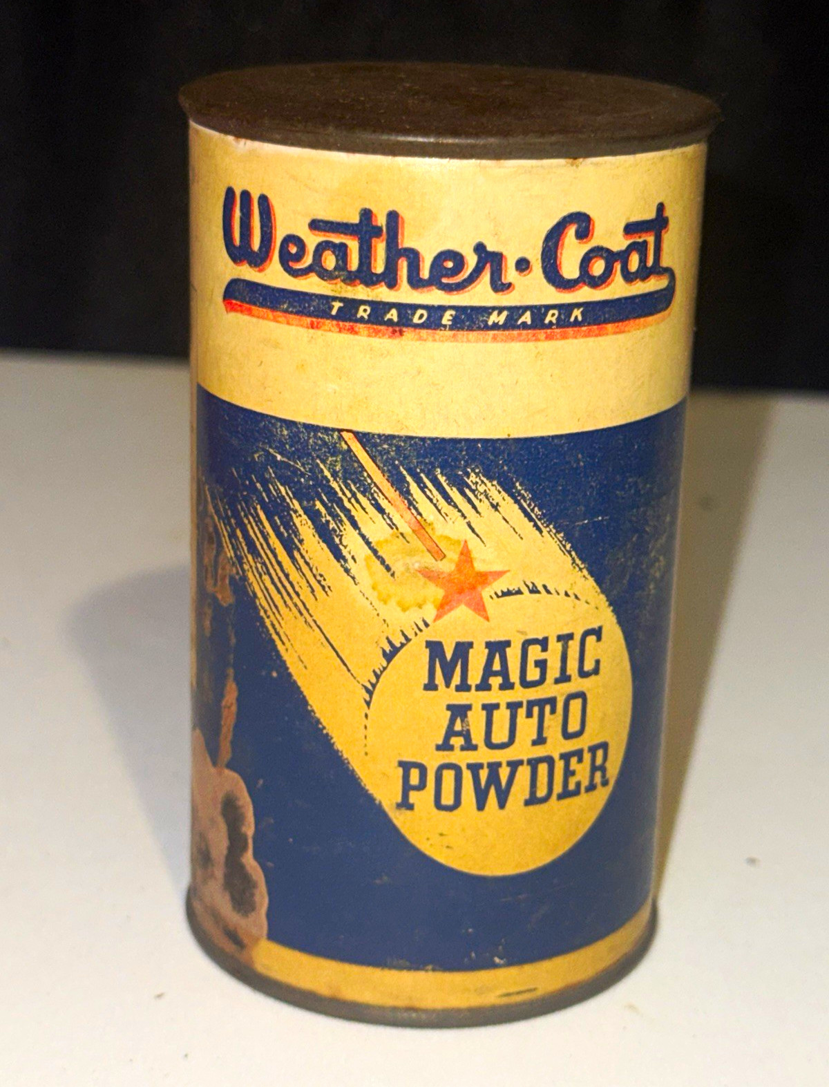 VTG 1950s Weather-Coat Magic Auto Powder Advertising Tin Can Blue/Yellow