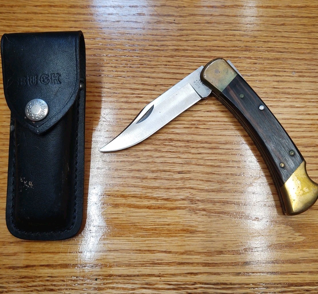 Buck 110 USA Folding Hunter Pocket Knife Wood Handled W Leather Sheath 