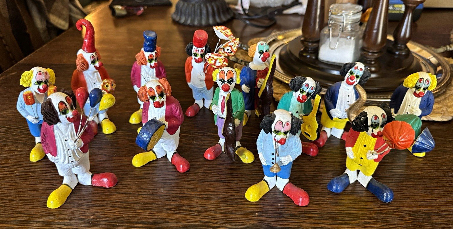 Vintage Mexican Pottery Clay Clown Musician Figurines - Hand Painted Folk Art