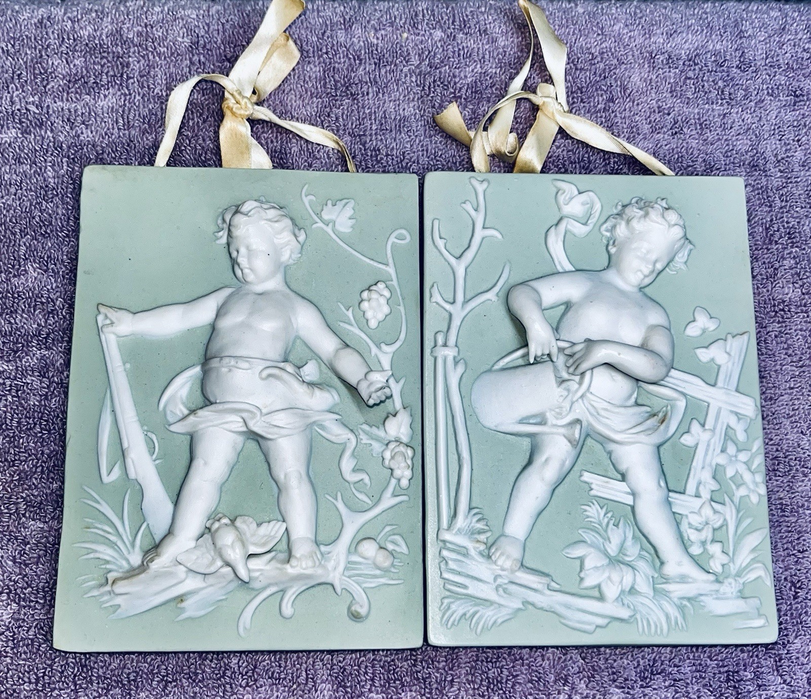 2-VTG MCM Japan Arnart Ceramic Porcelain Cherub Wall Plaque Bisque Sage Green