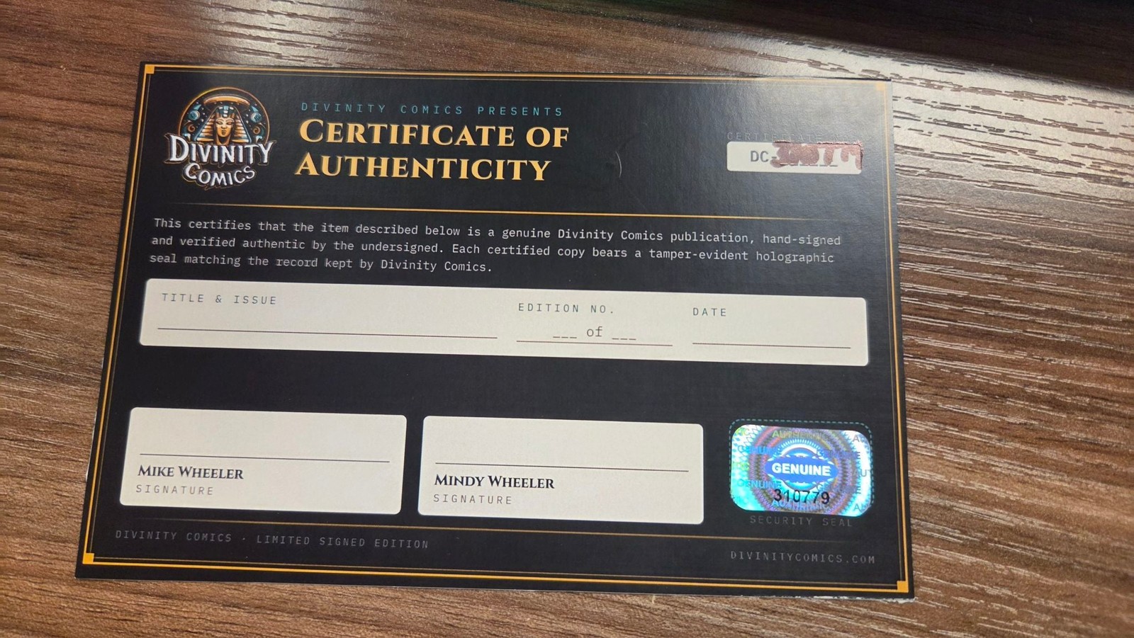 Divinity Comics Certificate of Authenticity (COA)