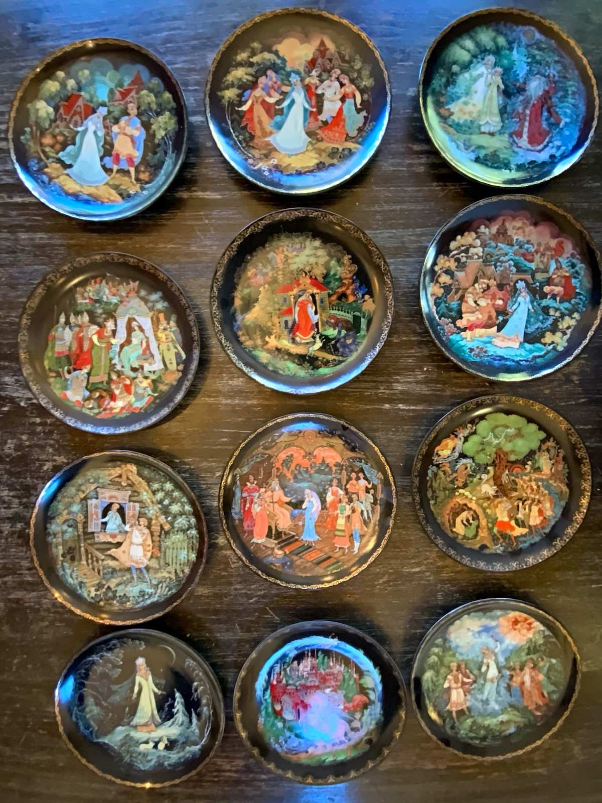 PALEKH Vintage set of 12 Fairy Tale Scene Porcelain Decorative Mini Plates