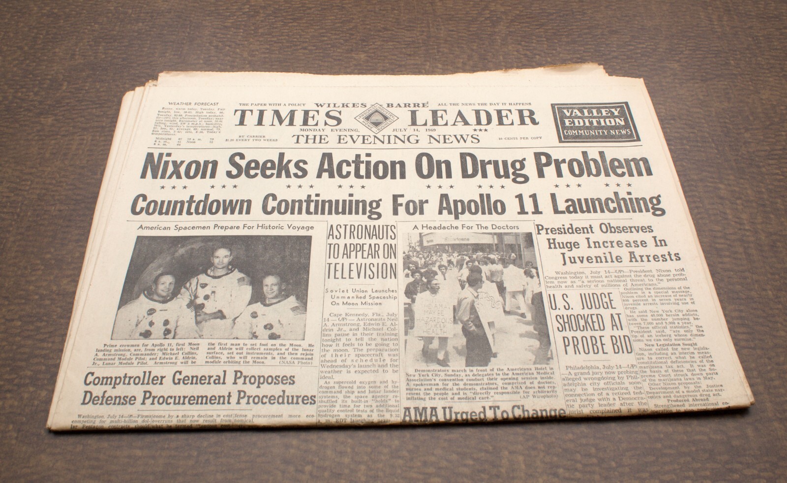 Wilkes Barre Times Leader  July 14, 1969 Apollo 11 Neil Armstrong