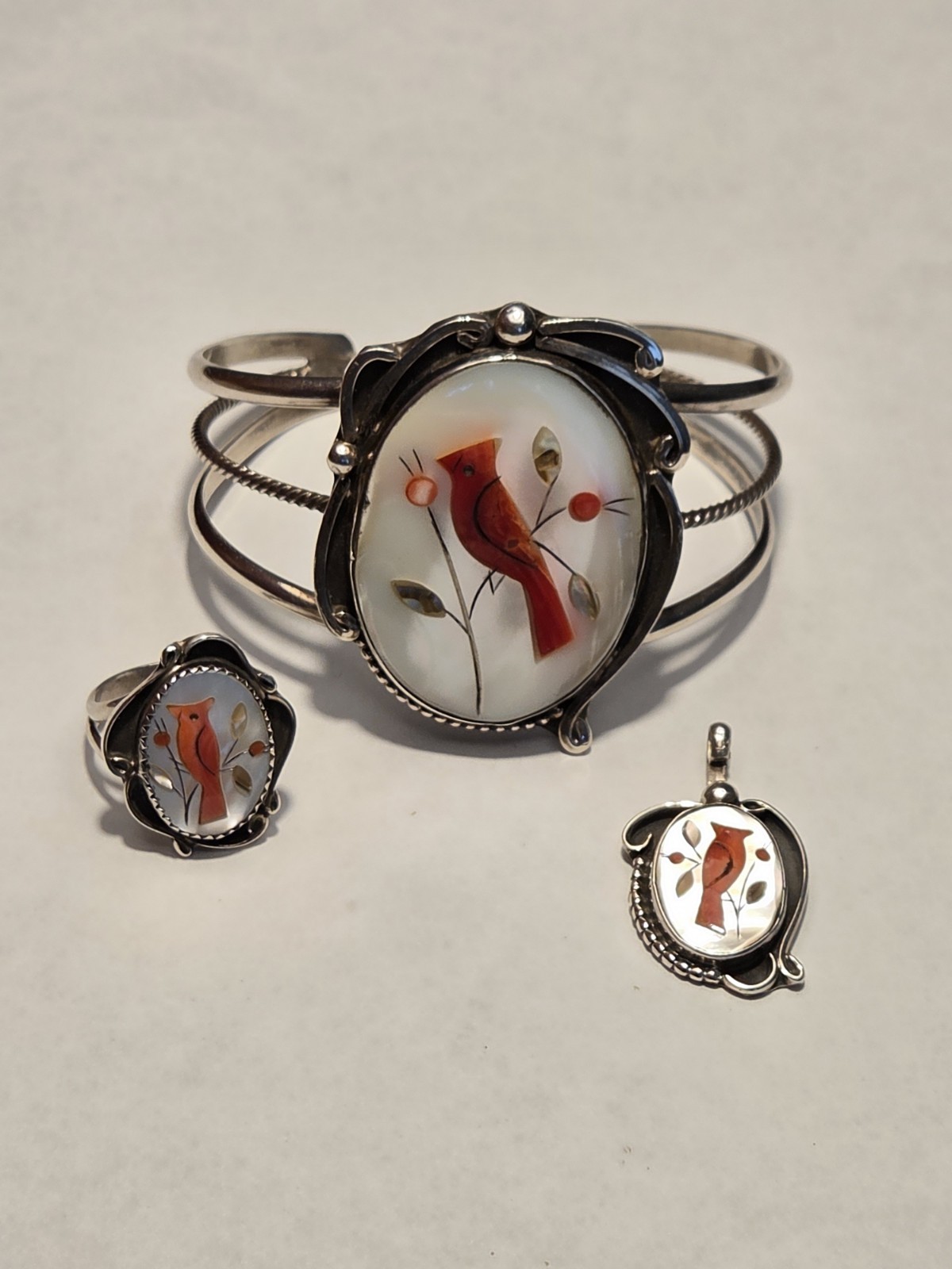 Signed Zuni Cardinal MOP Inlay Sterling Silver Complete 3 Pc Set *RARE*