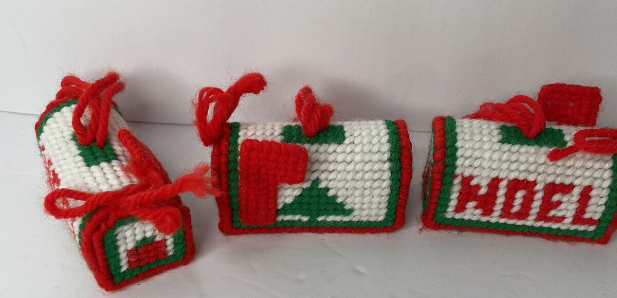 3 Vintage Christmas Ornaments Handmade Cross Stitch Mail Box For Letter To Santa