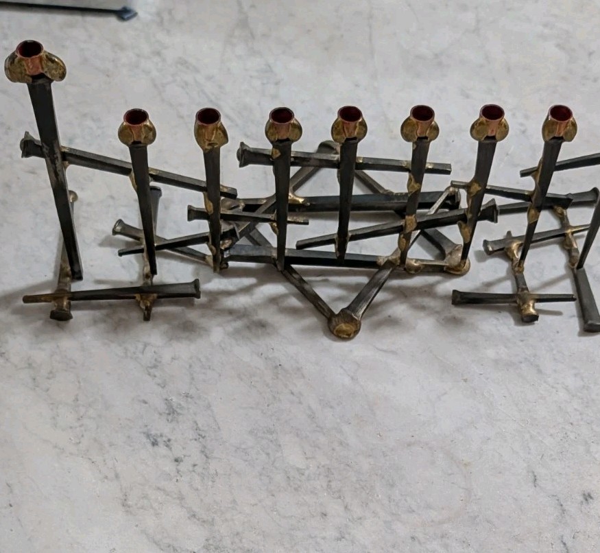 Vintage Mid Century Modern Brutalist Nail Art Hanukkah Menorah Judaica Sculpture