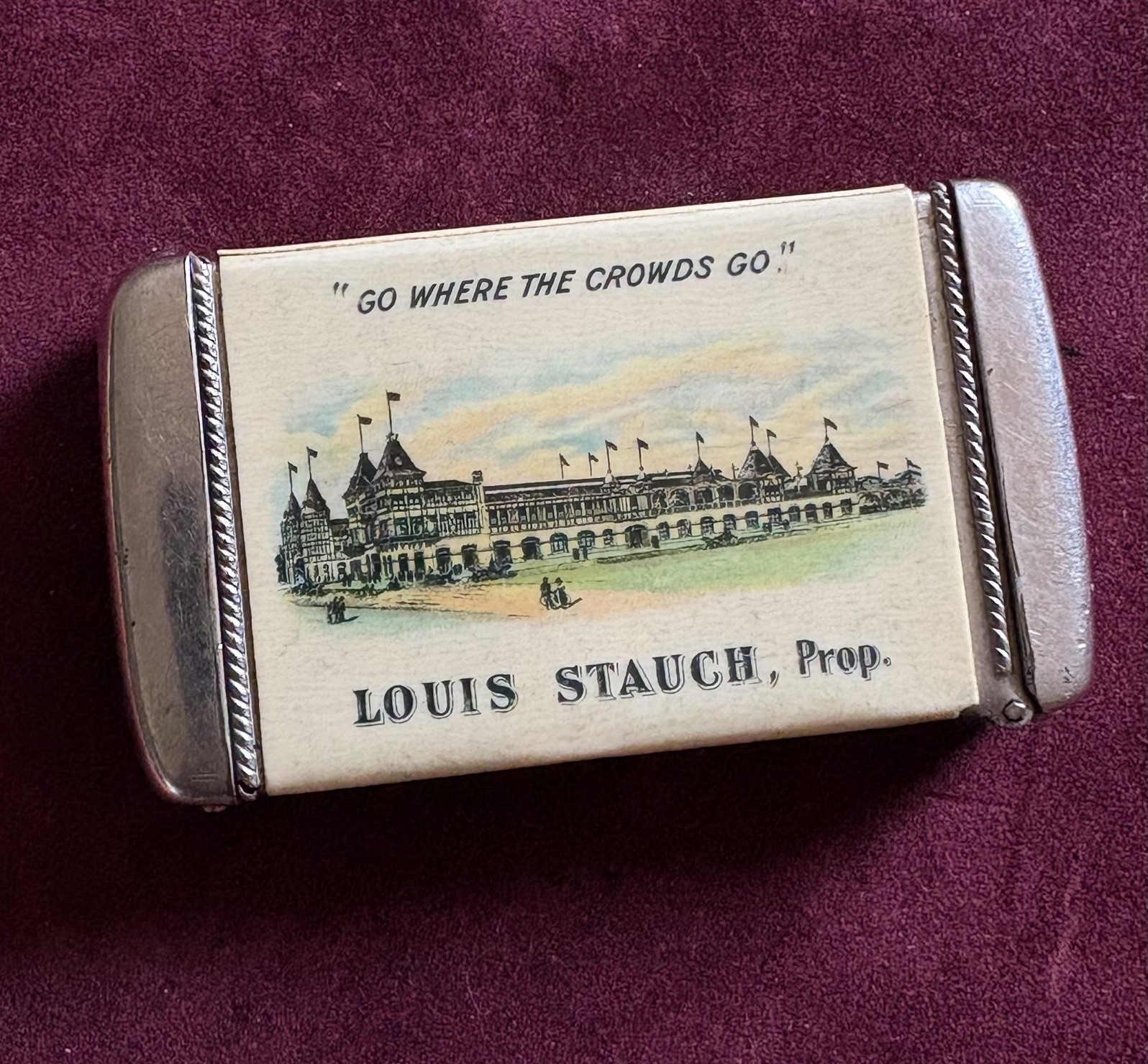 1890s STAUCH'S CONEY ISLAND ADVERTISING MATCH SAFE CELLULOID WHITEHEAD & HOAG Co