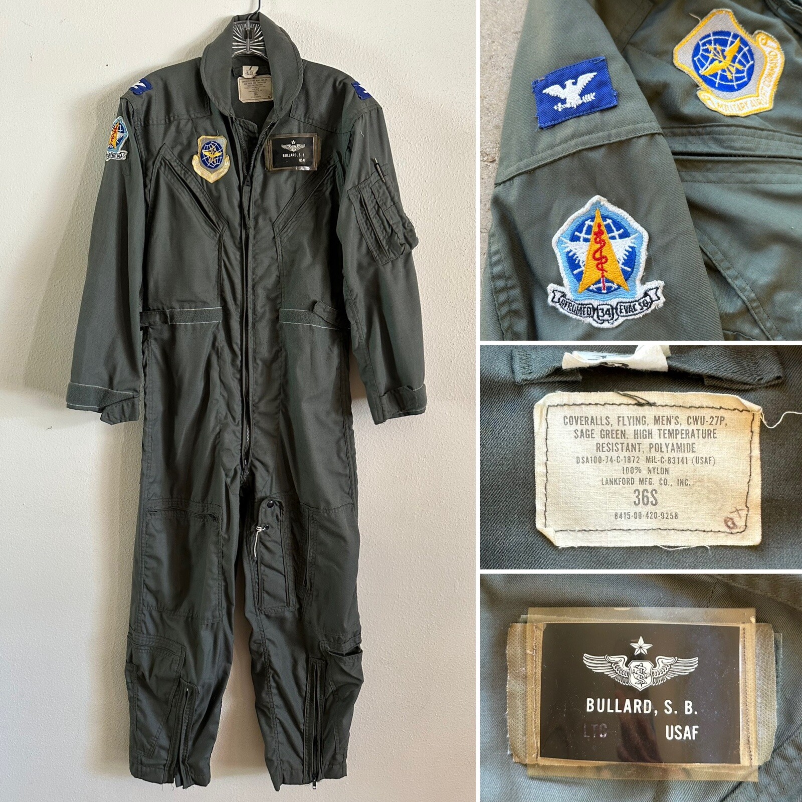 1974 USAF Flight Coveralls 34th Aeromed Evac Squadron Patch 36 S CWU-27P 70s Vtg