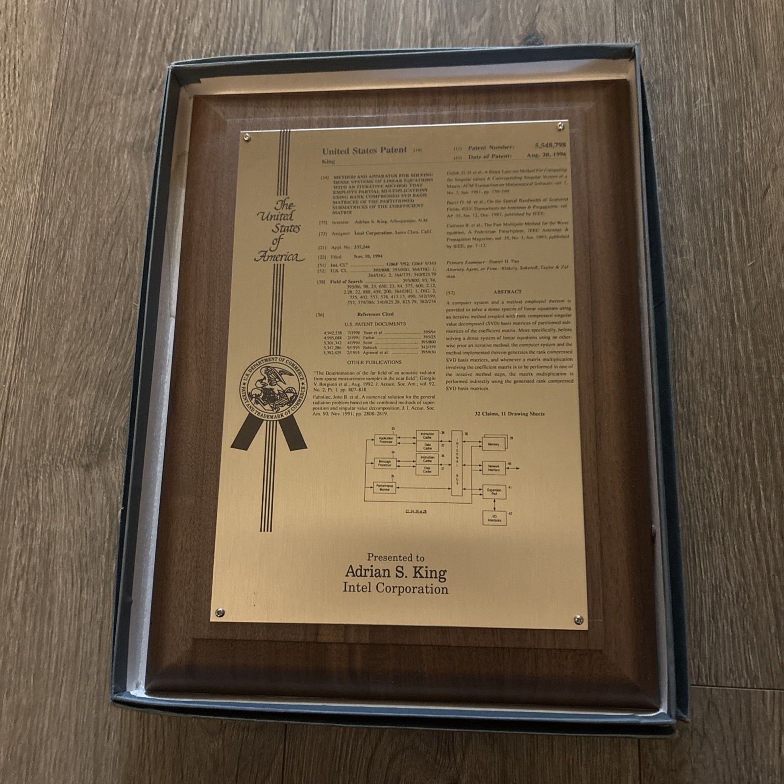 Vintage 1996 Intel US patent Award Plaque Vintage 1996 Intel US patent Award Plaque