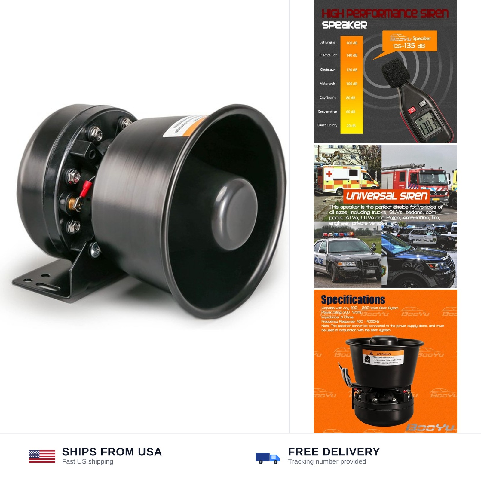 200W PA Siren Horn Speaker Black Steel 8 Ohms Universal Vehicle Truck SUV