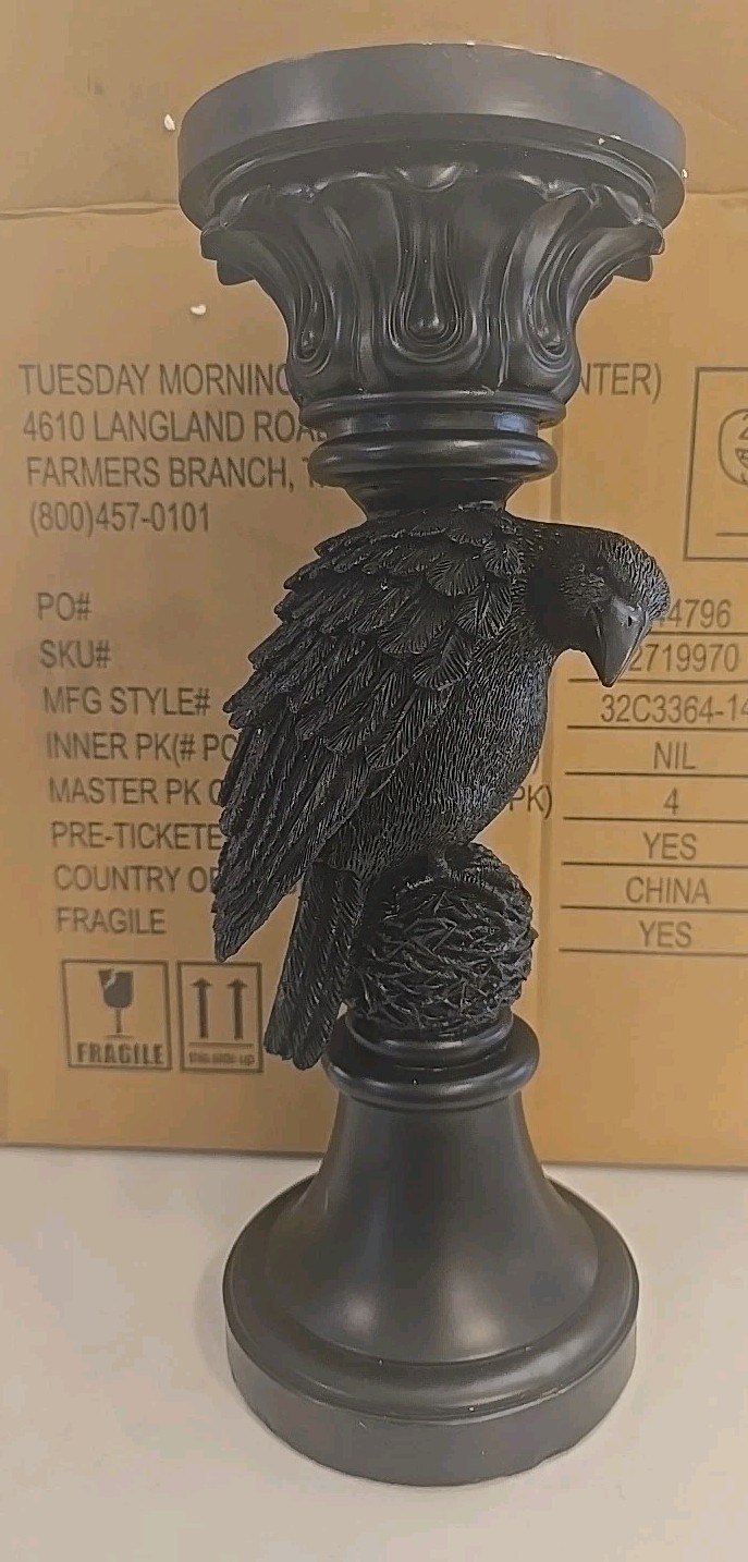 Large Black Crow Pillar Candle Holder Halloween Macabre Gothic Decor New In Box