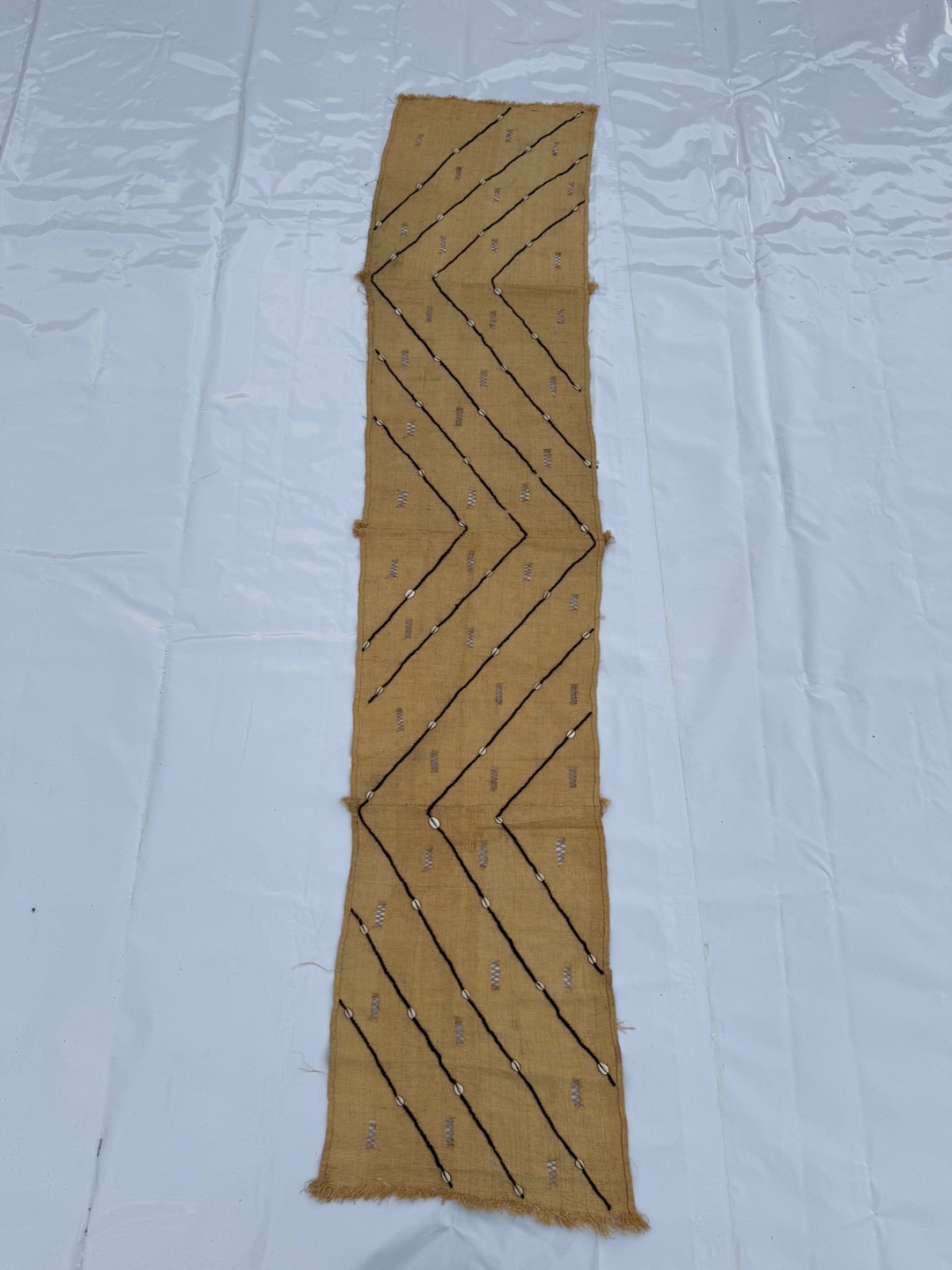 Vintage Hand Woven Old African Kuba Raffia Congo Cloth Textile Runner 236x47 Cm