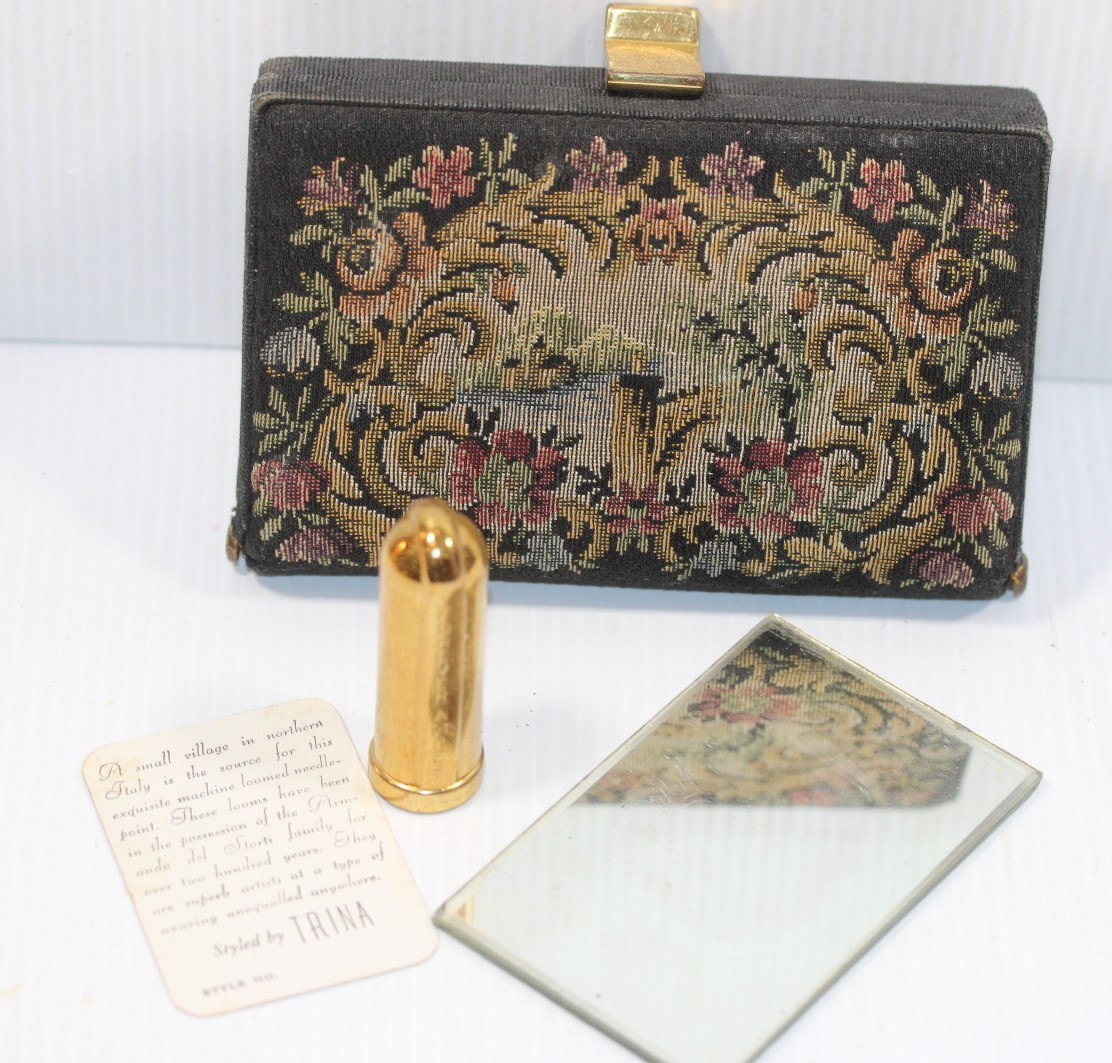 Rare Vintage Italian Needlepoint Purse Powder Lipstick Mirror