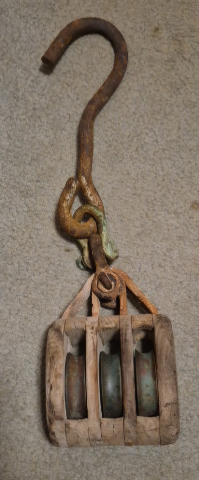 Antique Vintage Wood & Iron Block & Tackle Triple Pulley