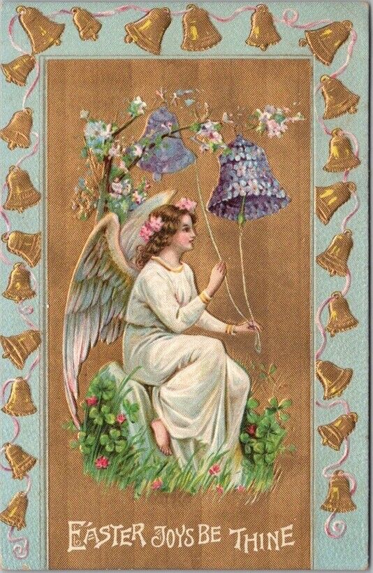 Vintage 1910s EASTER JOYS Embossed Postcard Angel Girl Ringing Floral Bells