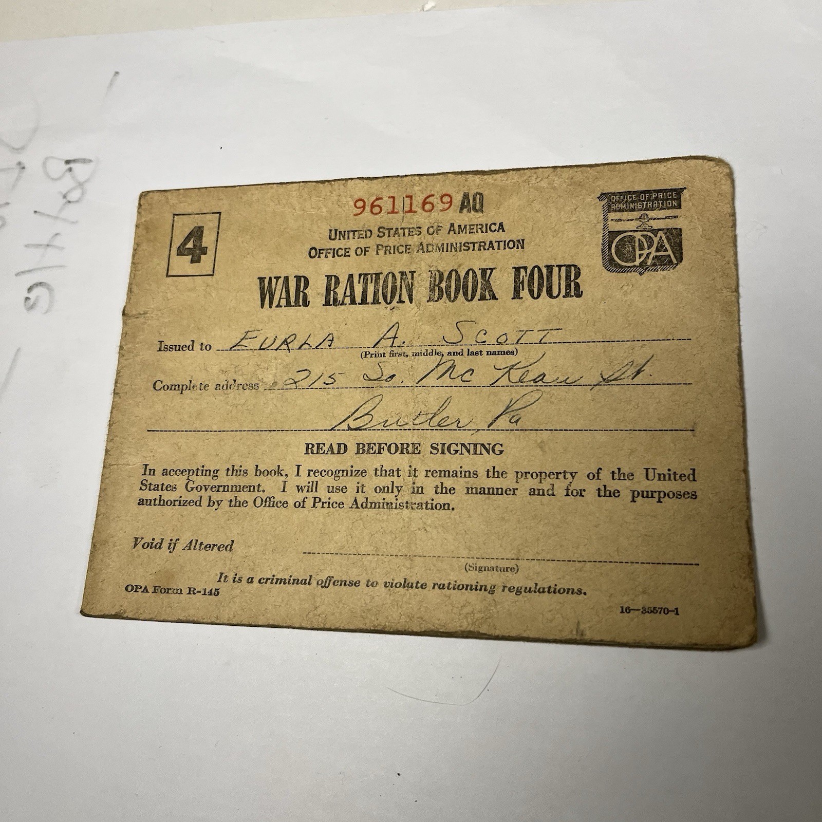 Vintage WW2 War Ration Stamp Book # Four - Original Issued During War Time