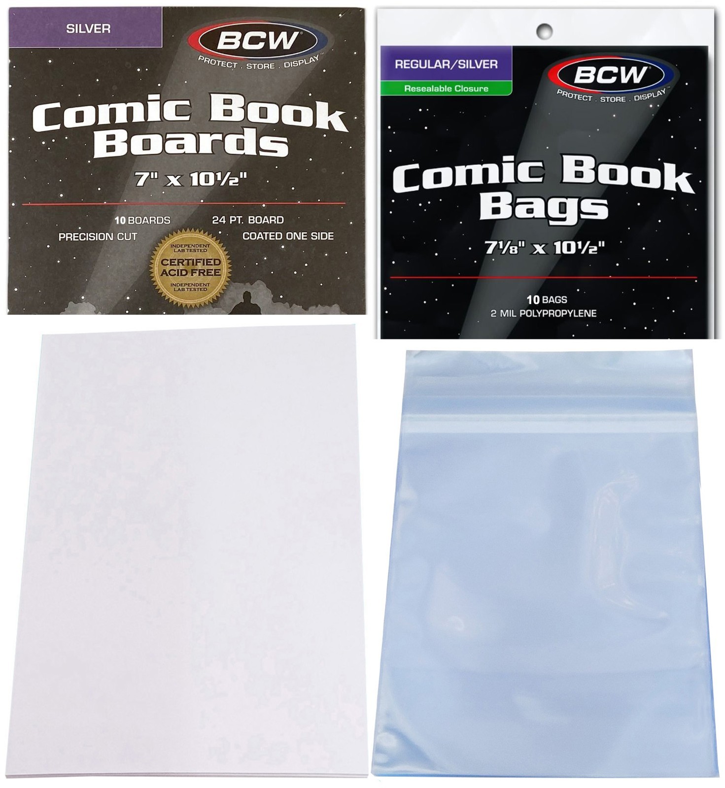 10 BCW Silver Resealable Comic Book Storage Bags with Backing Boards Clear