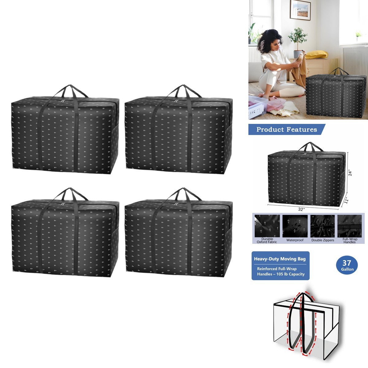 MC-Hotfire 4 Pack Large Heavy Duty Moving Bags 37 gal Black