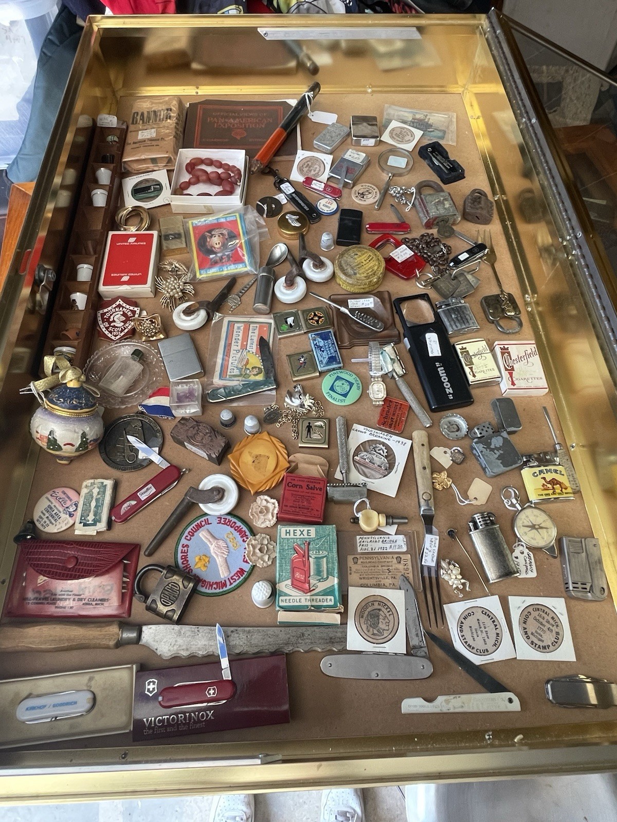 Estate Junk Drawer Lot Vintage Knife, Pins, Jewelry, Knick-Knacks, Lighters