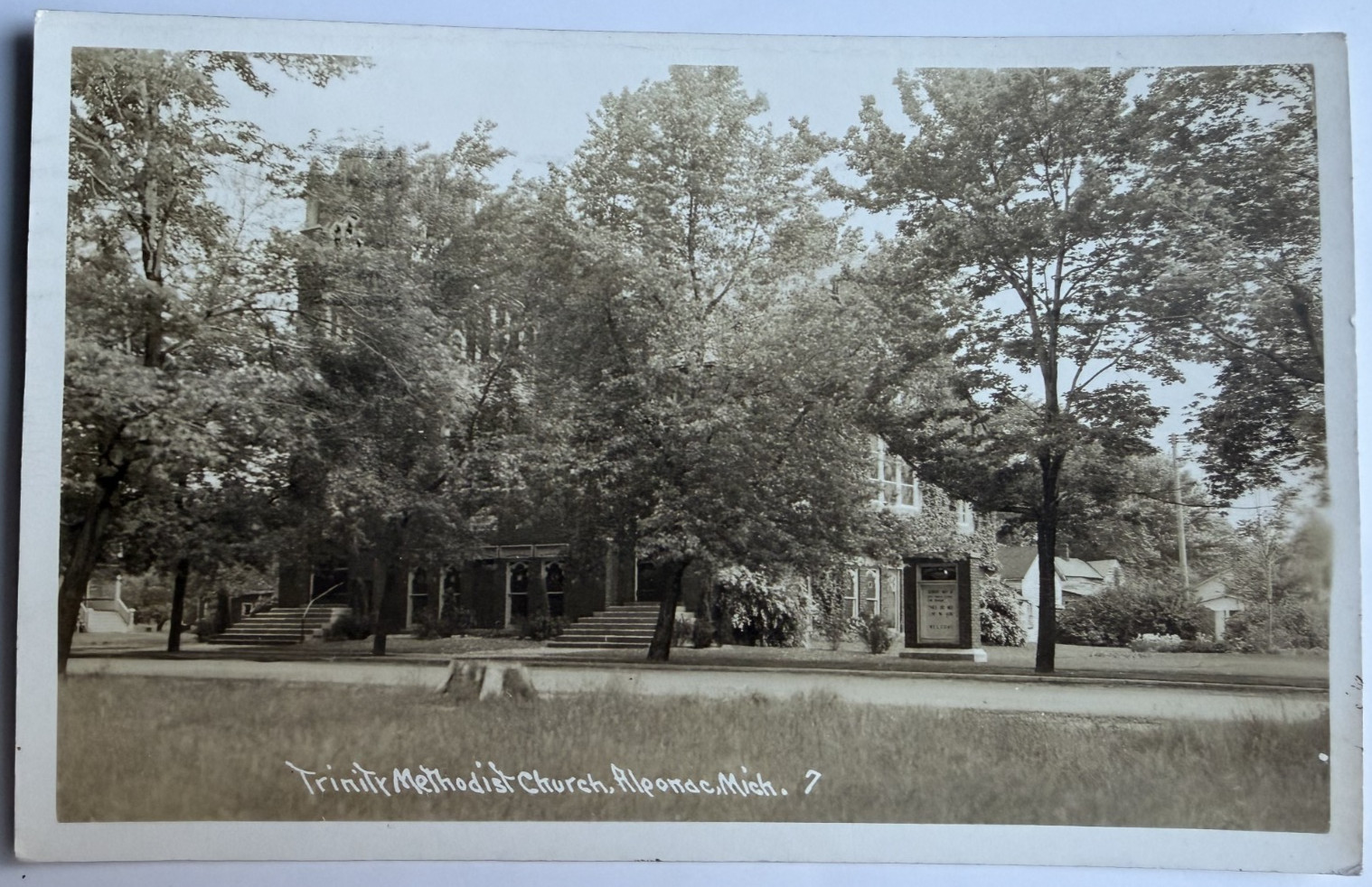 c1940s RPPC Trinity Methodist Church Algonac Michigan MI Cancel Postcard